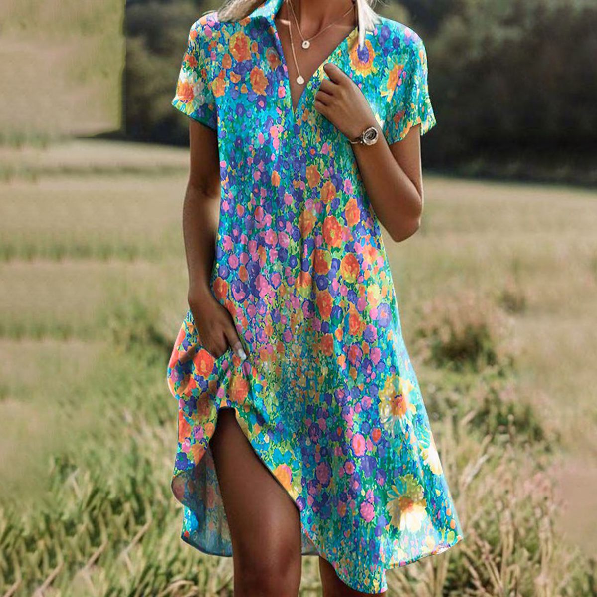 BASIA | Boho Vintage Floral Dress with V-Neck