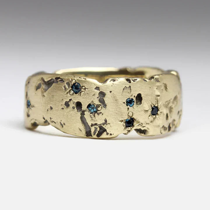 Vintage Gold-Plated Forged Ring with Blue Inlay Crystal
