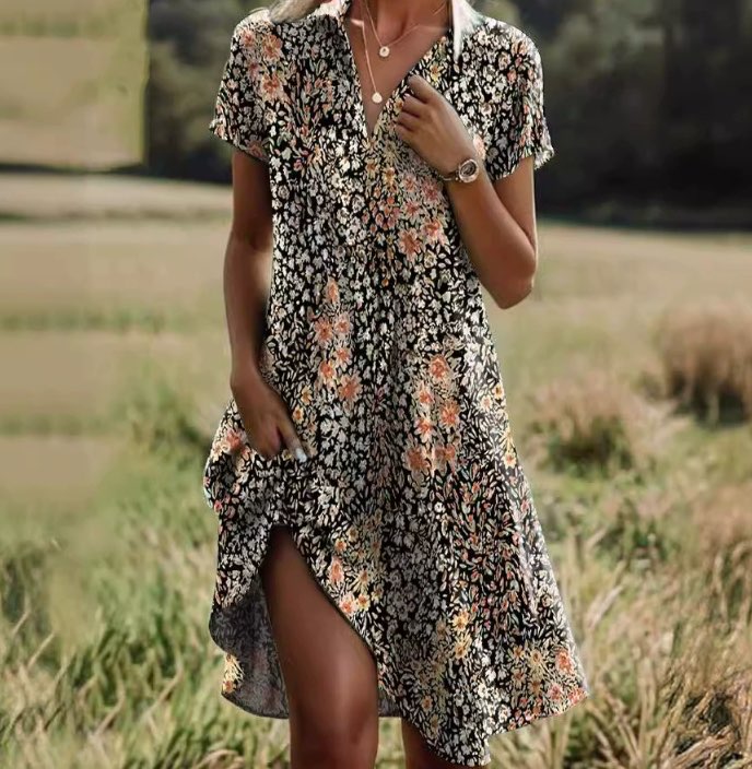 BASIA | Boho Vintage Floral Dress with V-Neck