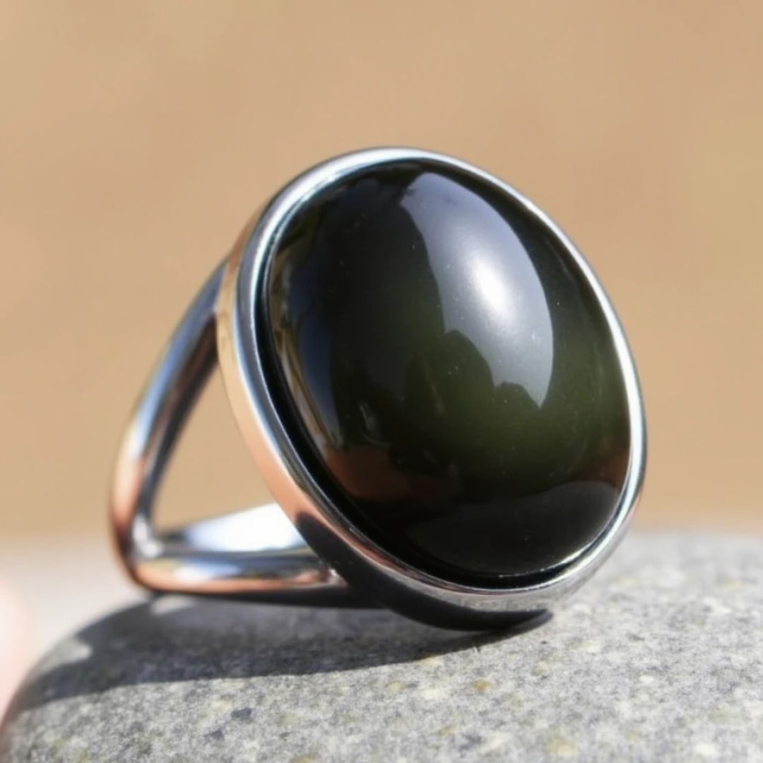 Justérbar Ring 'Sjælens Helingsproces' i Obsidian Heaven's Eye med Sølv
