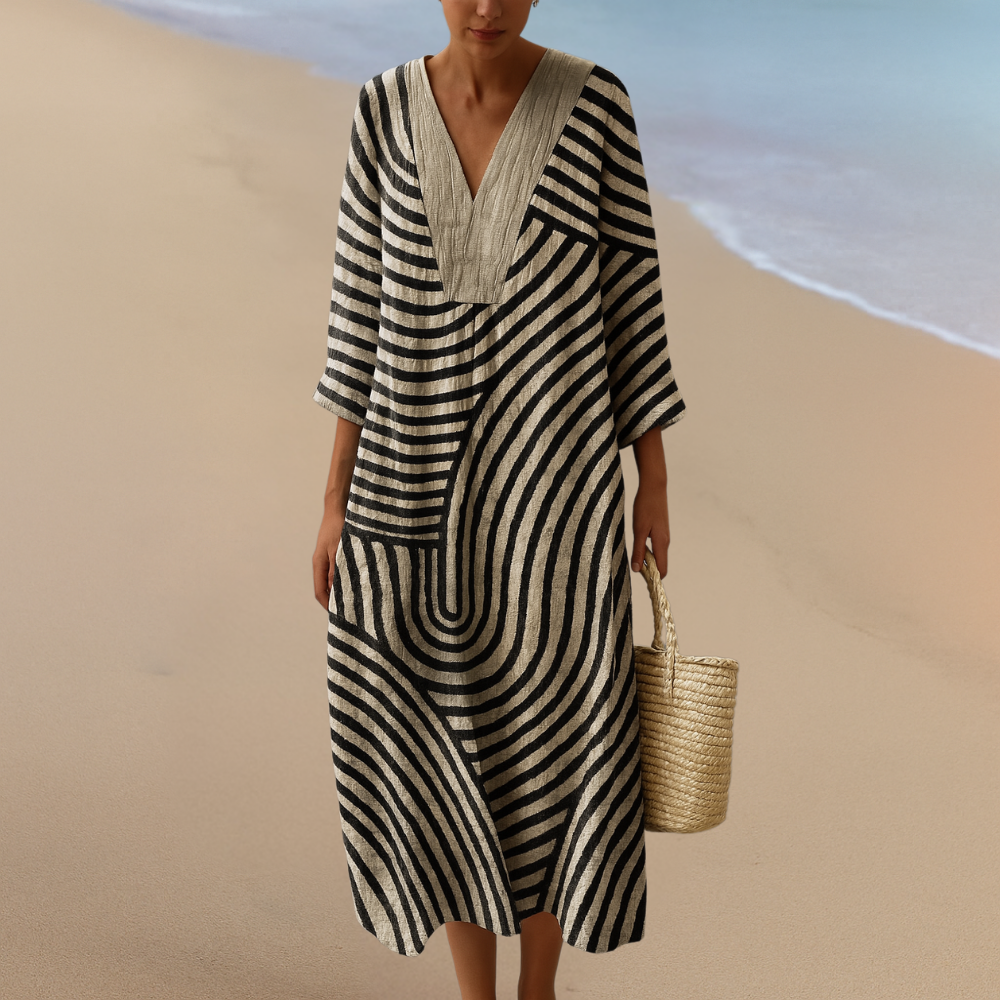 SOFIE | Elegancka maxi sukienka w monochromatycznym stylu z geometrycznym wzorem – Czerń i beż