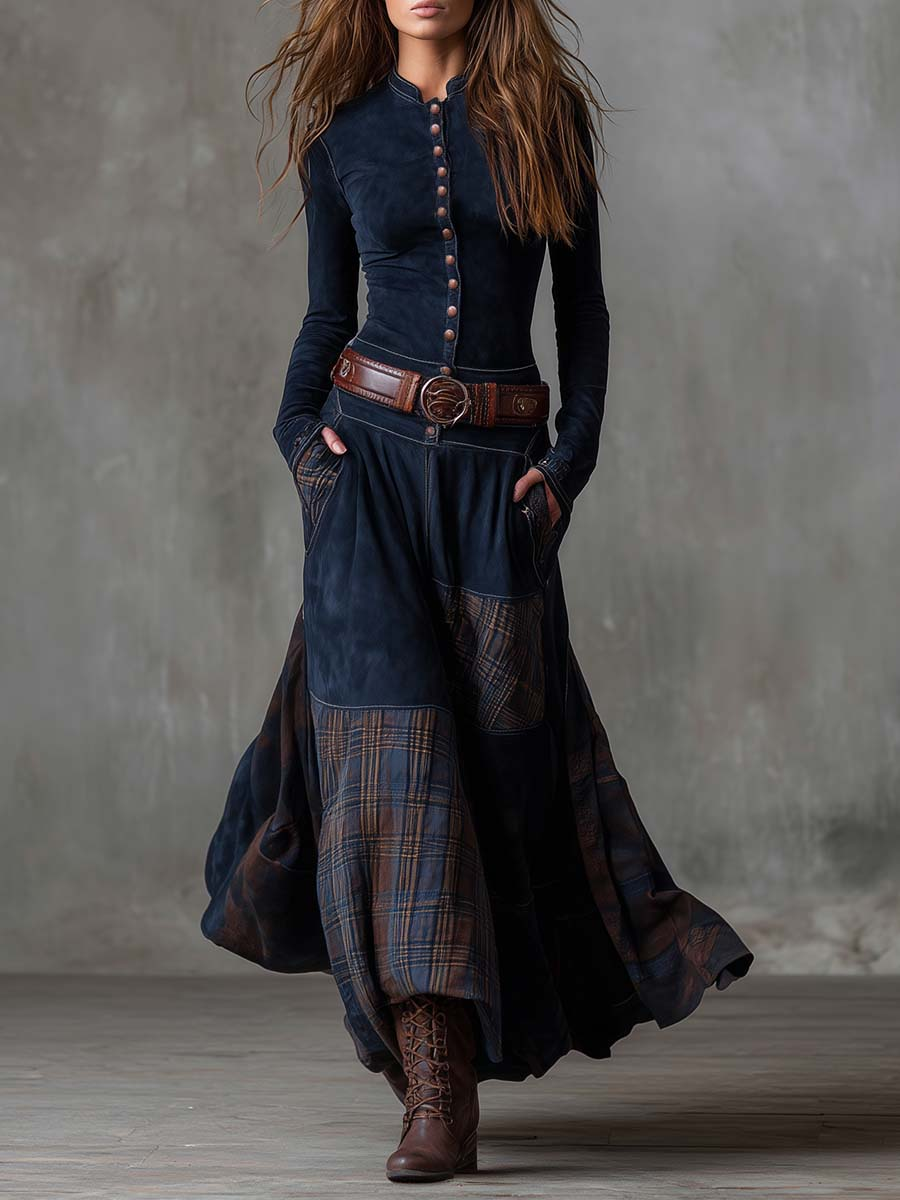 Leone | Vintage Long Suede Checkered Dress (Includes Belt)