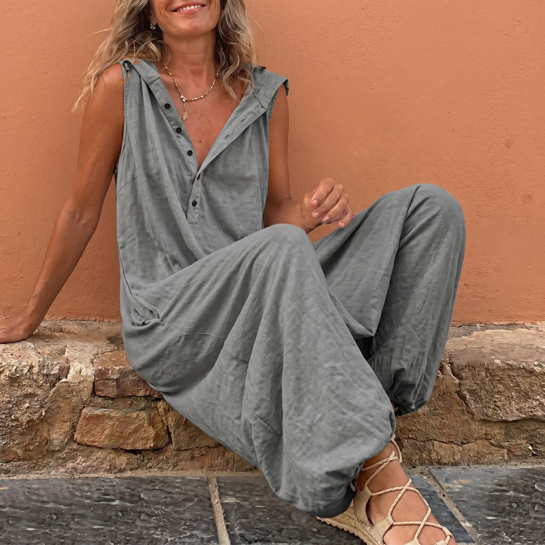 Comfortable Button Front Sleeveless Jumpsuit